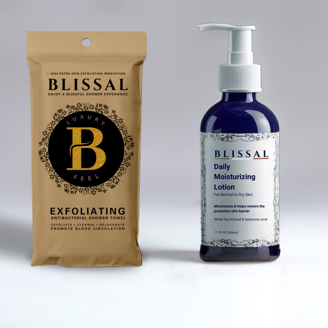 Blissal Antibacterial Exfoliating Shower Towel And Deep Moisture Body Wash Lotion