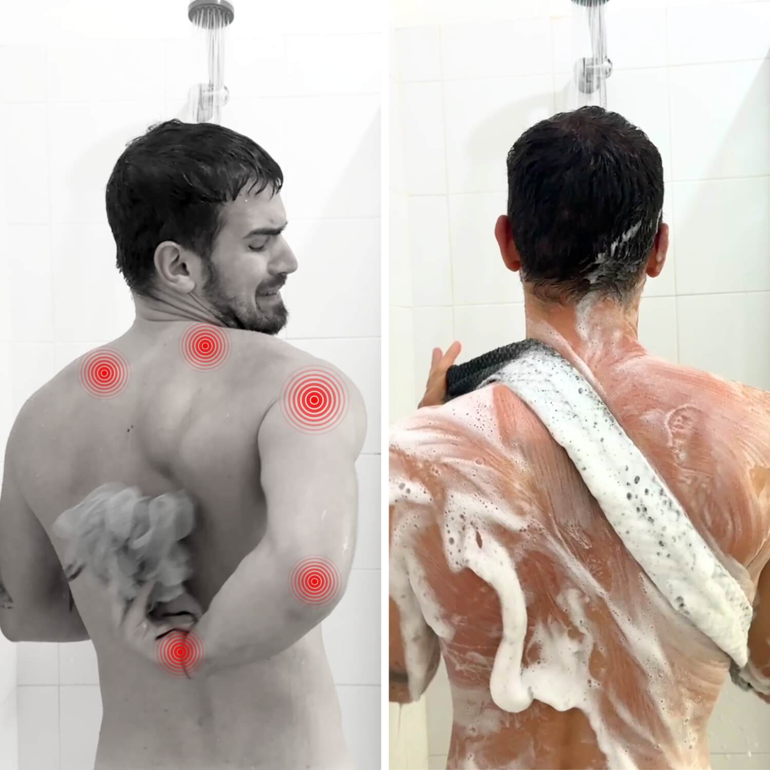 Before and after using Blissal exfoliating towel to relieve back pain and reach hard-to-clean areas