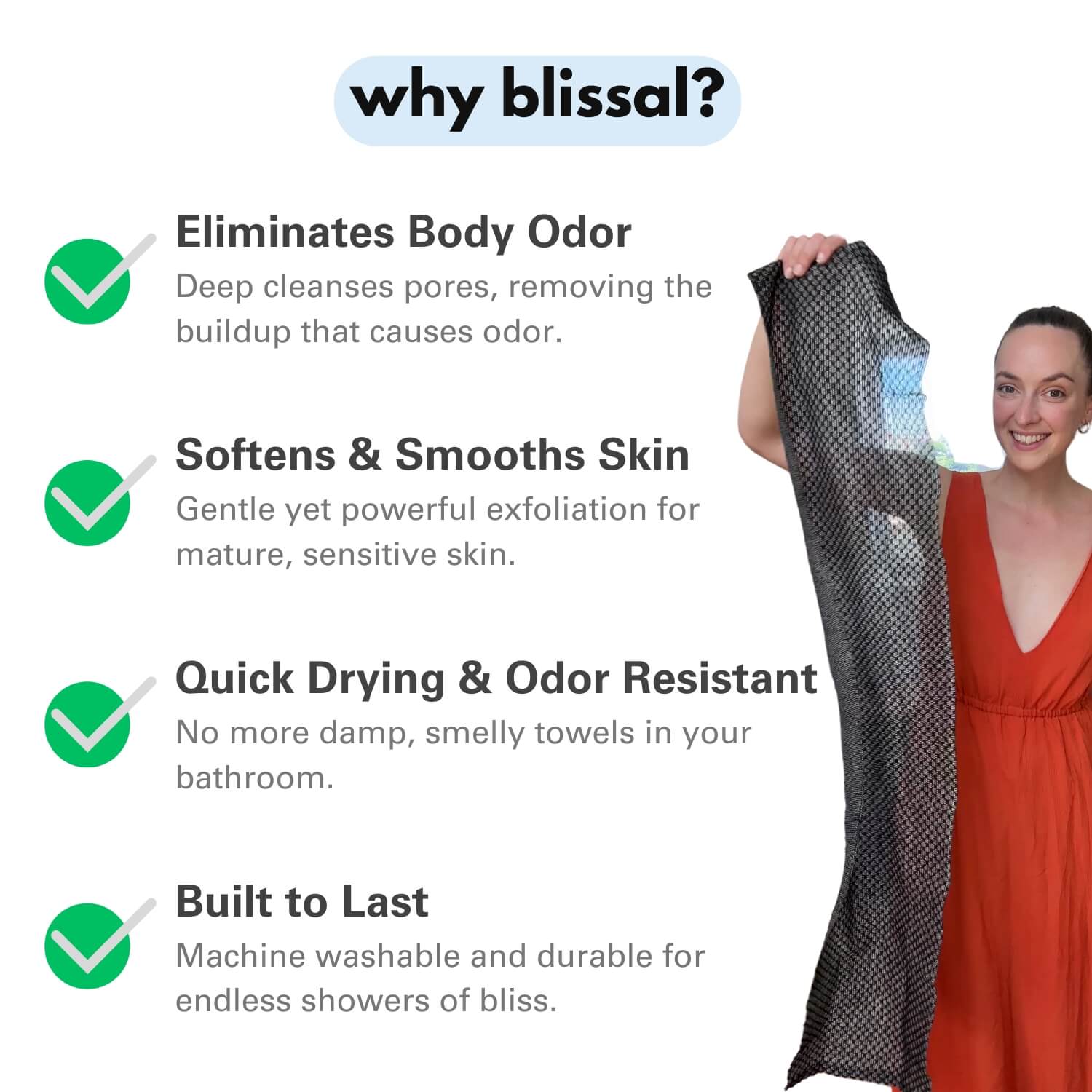 Smiling woman holding Blissal exfoliating towel next to benefits like odor elimination, softness, and durability
