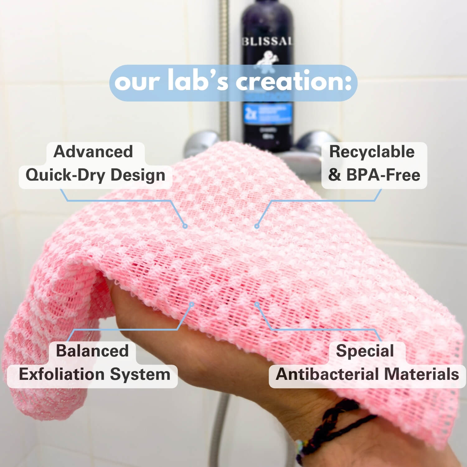 Close-up of Blissal pink towel showing antibacterial materials, quick-dry design, and balanced exfoliation system