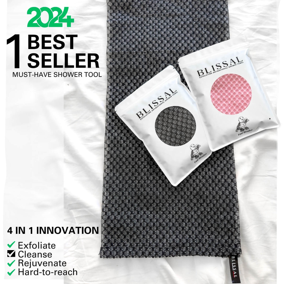 Blissal antibacterial exfoliating towel with best-seller badge and two packaging colors 