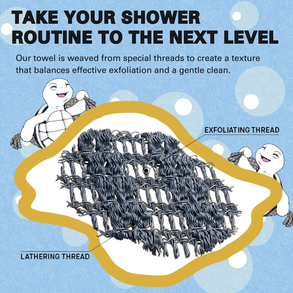 Close-up of Blissal towel's unique weave showing exfoliating and lathering threads for balanced cleansing