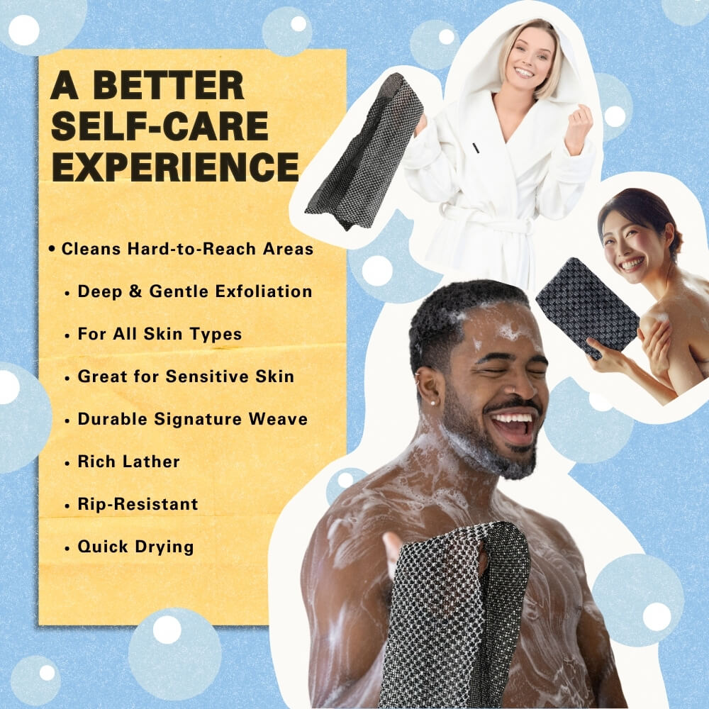 Men and women using Blissal exfoliating towel with key benefits like deep exfoliation, sensitive-skin friendly, and rich lather
