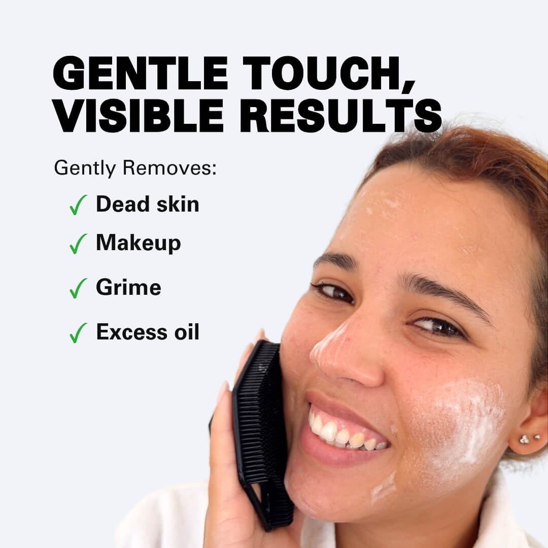 Person using a face cleaning tool with text about gentle touch and visible results.