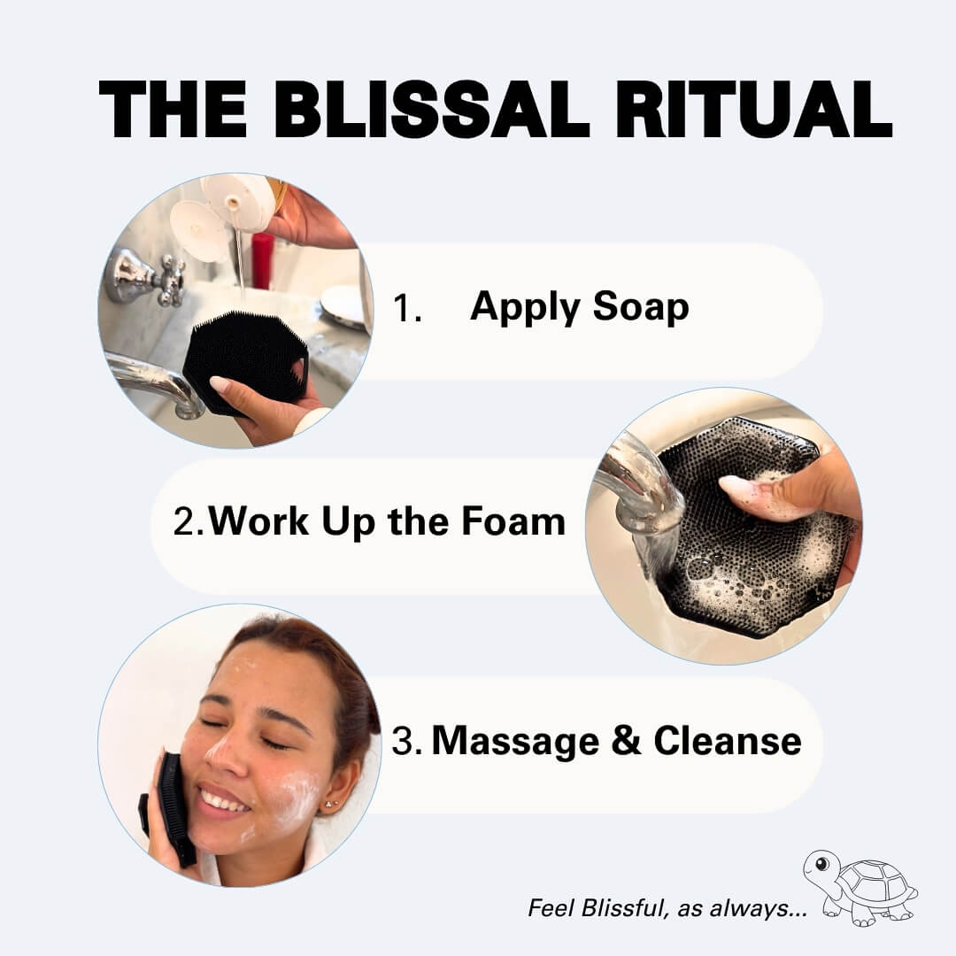 Steps for a skincare ritual with text and images of soap application, foam creation, and cleansing.