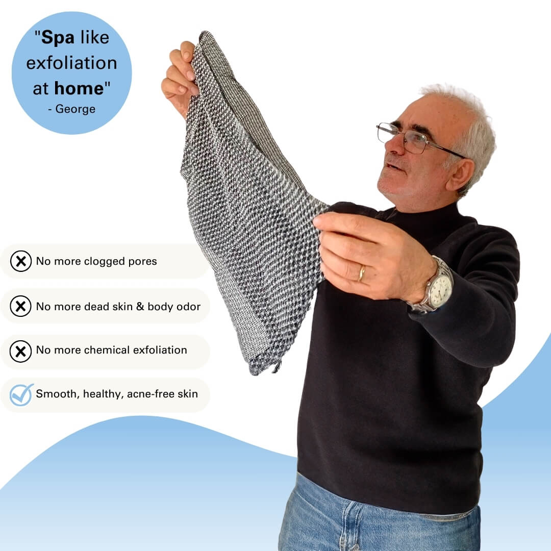 Older man holding Blissal towel, highlighting benefits like smooth skin, no more clogged pores, and chemical-free exfoliation