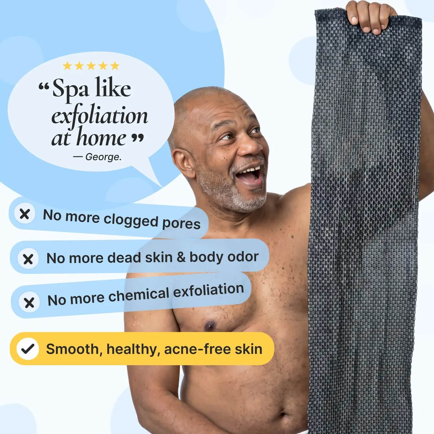 Smiling man holding up the long Blissal exfoliating shower towel