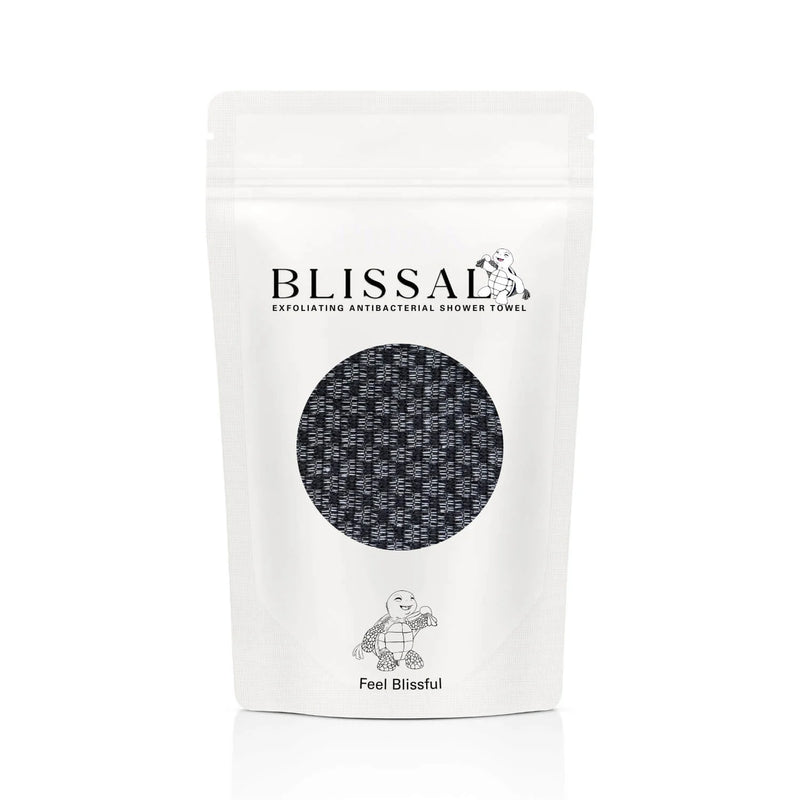 The Blissal exfoliating shower towel in its pouch