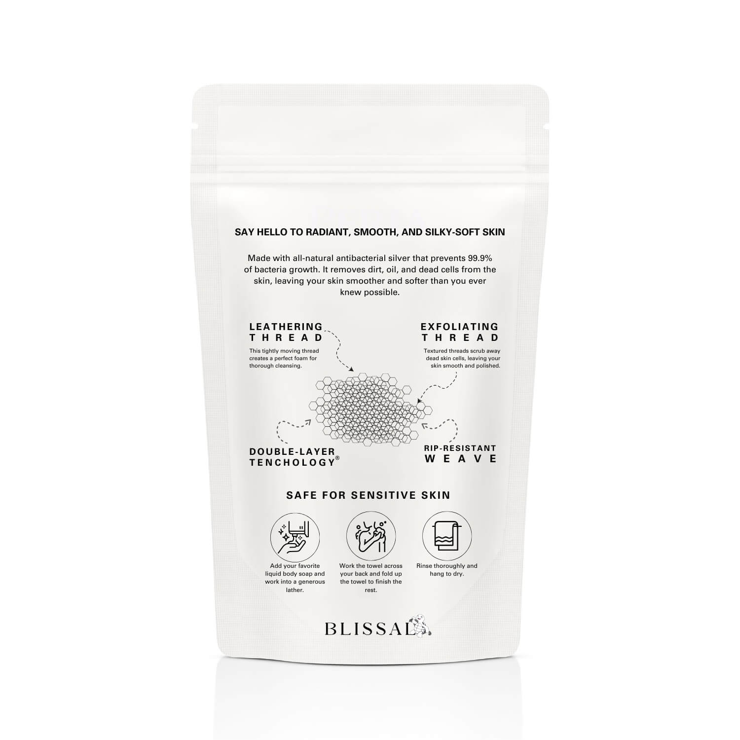 Back of Blissal towel packaging highlighting antibacterial silver, exfoliating and lathering threads, and double-layer weave