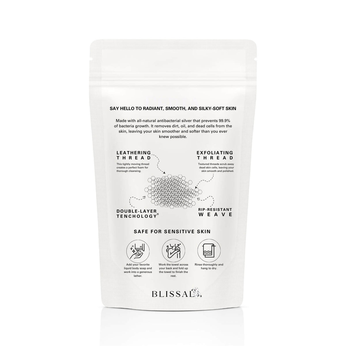 Back of Blissal towel packaging highlighting antibacterial silver, exfoliating and lathering threads, and double-layer weave